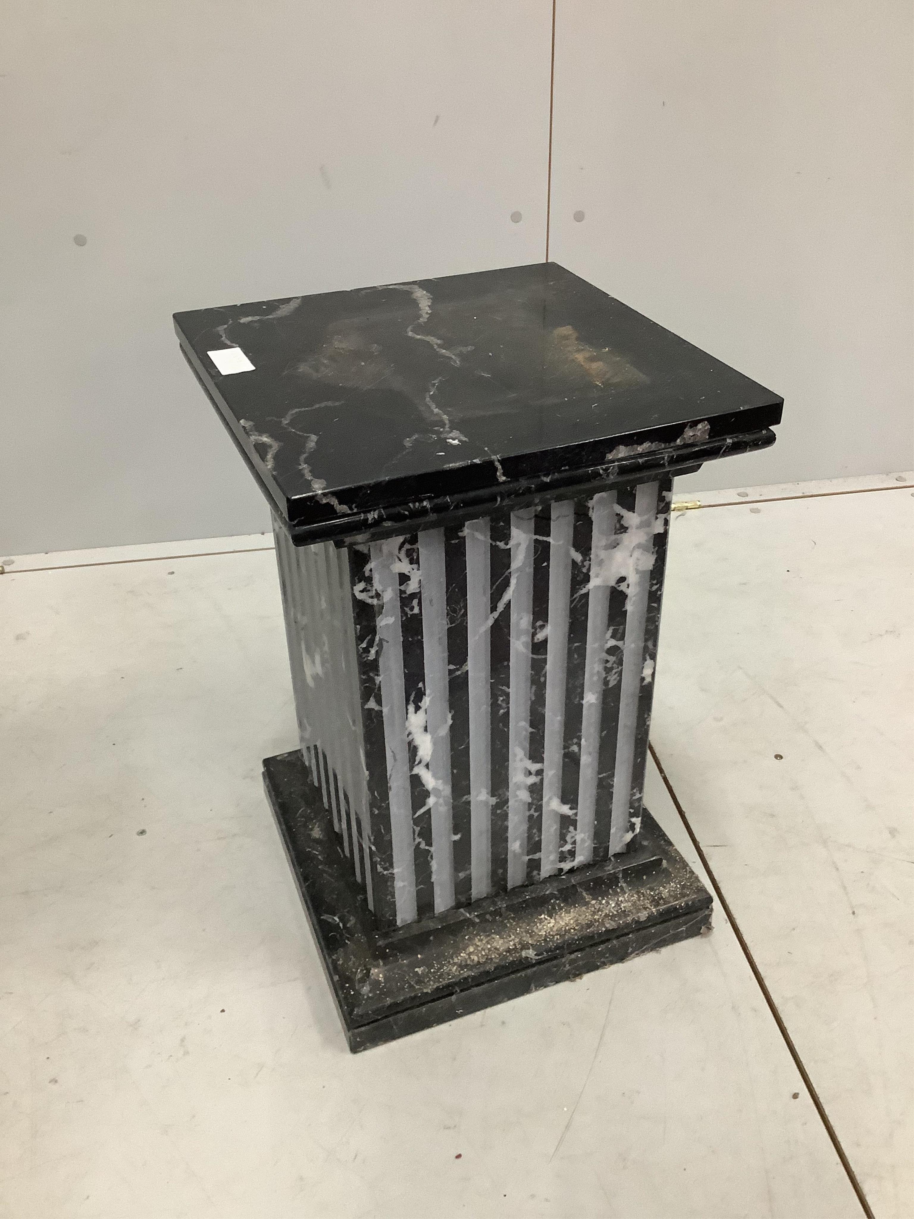 A square reconstituted marble pedestal, width 36cm, height 55cm. Condition - fair